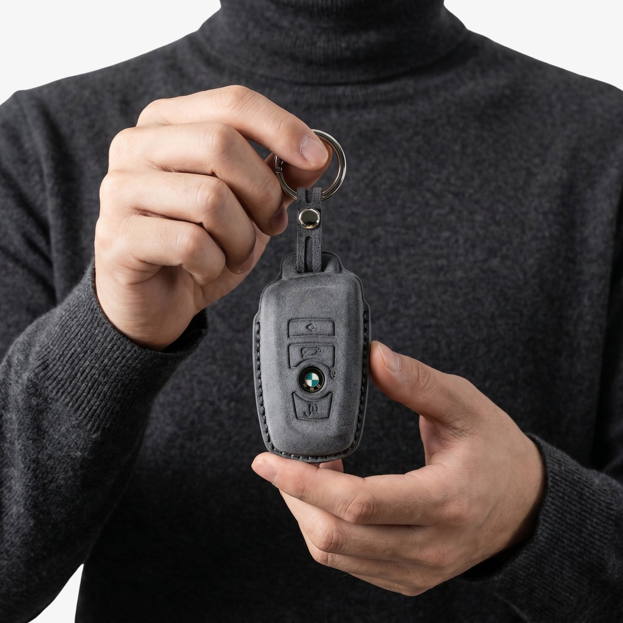 Alcantara Car Key Fob Cover for BMW Model A with Buckle - Space Grey