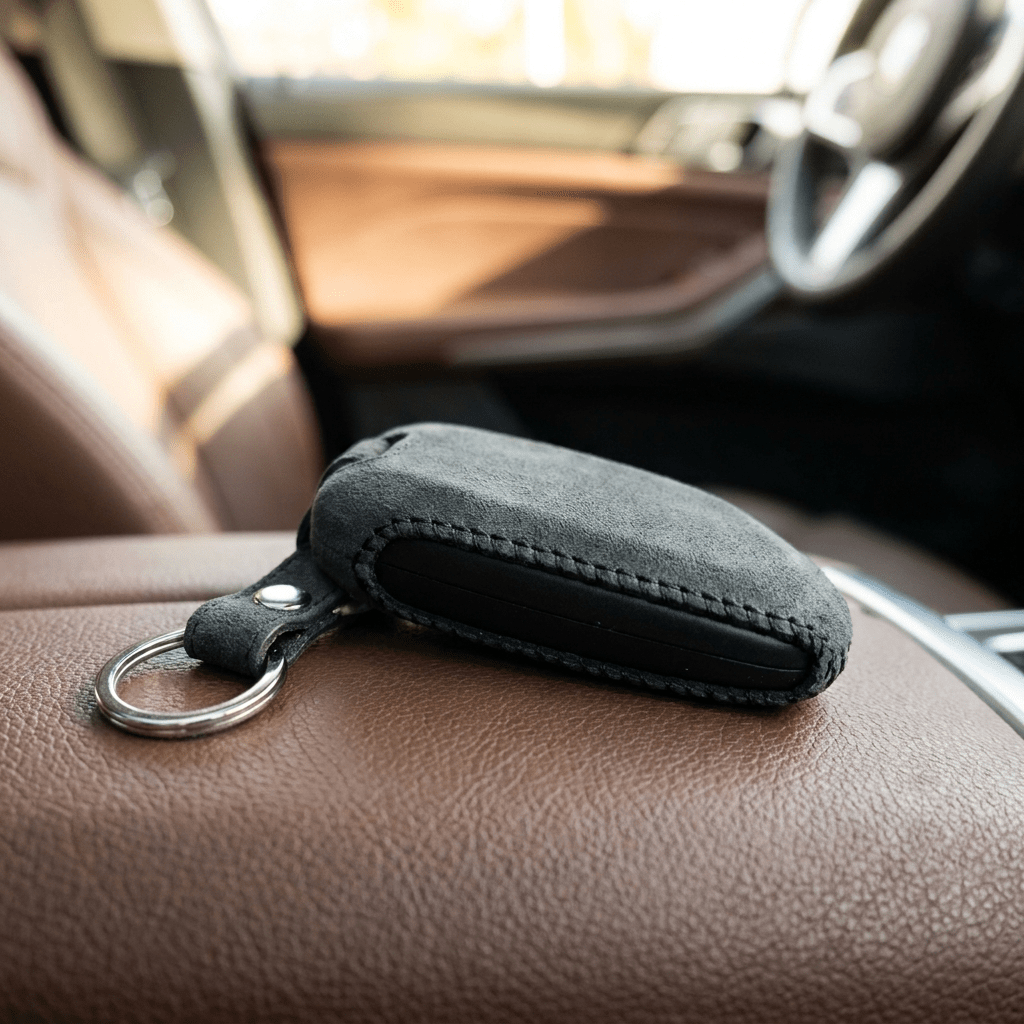 Alcantara Car Key Fob Cover for BMW Model A with Buckle - Space Grey